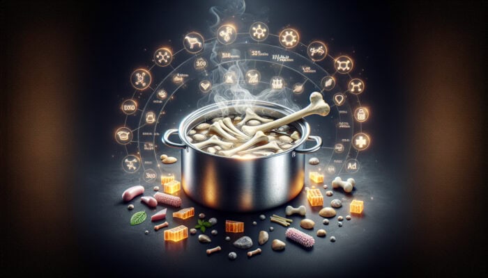 Bone Broth Benefits For Pet Joints: A steaming pot of bone broth with bones and tissues, surrounded by essential nutrients for pet health.