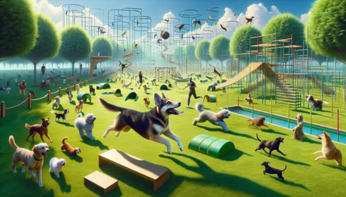 Bonding Exercises for Puppies: A joyful puppy and owner playing fetch in a lush park with other dogs, people, and an obstacle course under a clear blue sky.