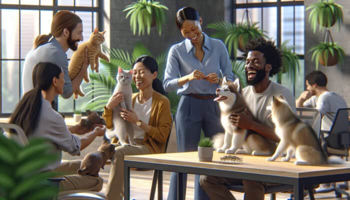 Pets in Workplace Wellness: A serene office with employees and pets like dogs and cats, promoting mental well-being.