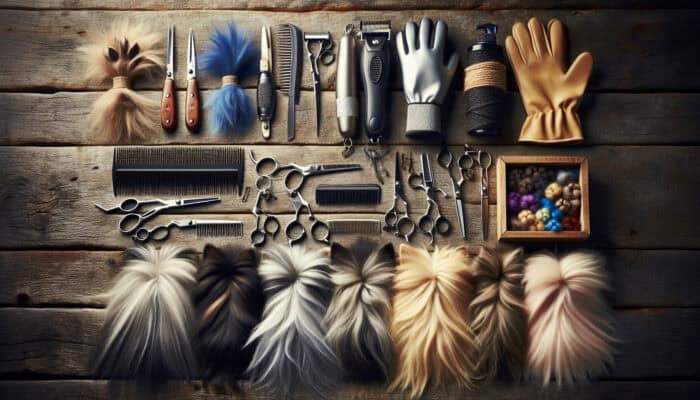 Fur Trimming Tools for Beginner Pet Owners: Diverse fur trimming tools on a wooden table surrounded by various pet fur types.