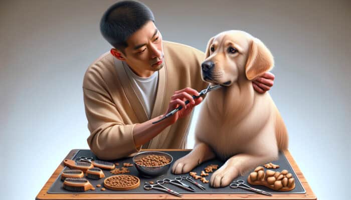 A calm dog being gently trimmed by a focused groomer using fur trimming tools, with treats nearby.