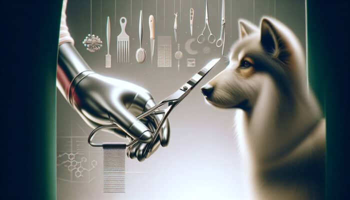 A serene grooming session with a calm pet using appropriate, well-maintained fur trimming tools in a quiet, familiar space.