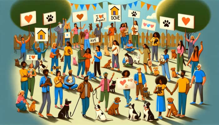 Global Pet Awareness Days: A vibrant community event celebrating pet awareness with happy pets, adoption banners, and sunny skies.