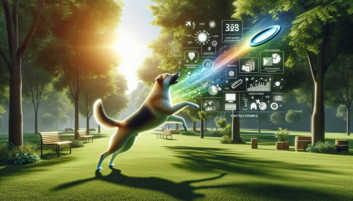 Fetch Games for Energetic Dogs: A dog jumping to catch a frisbee in a sunny park, demonstrating agility and muscle strength.
