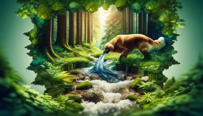 Hydration on Long Pet Journeys: A joyful dog drinking from a clear stream in a lush forest, symbolizing hydration's importance for pet health.