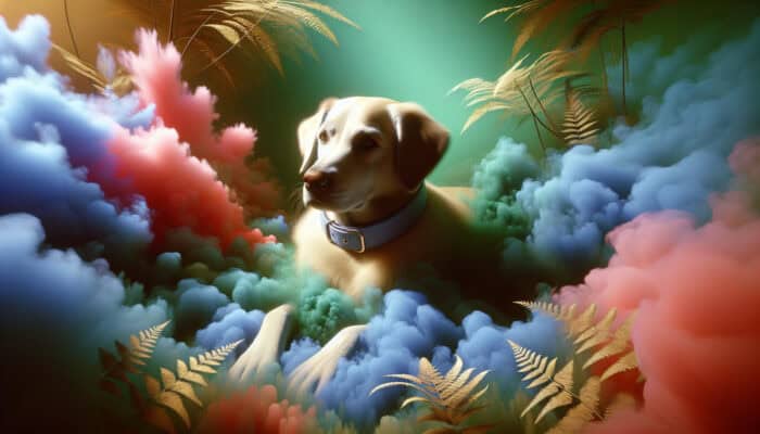 Calming Collars for Pet Anxiety: A serene pet with a calming collar, surrounded by soothing mist in a peaceful environment.