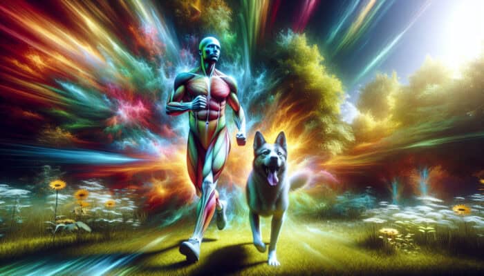 Walking Dogs For Exercise Therapy: A person and dog joyfully walking in a vibrant park, both appearing fit and energetic.