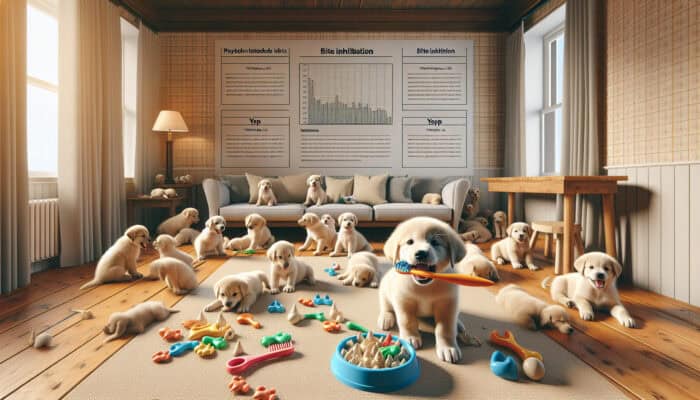 Play Biting Prevention in Puppies: A playful puppy with teething toys, surrounded by other puppies in a cozy room, learning bite inhibition.