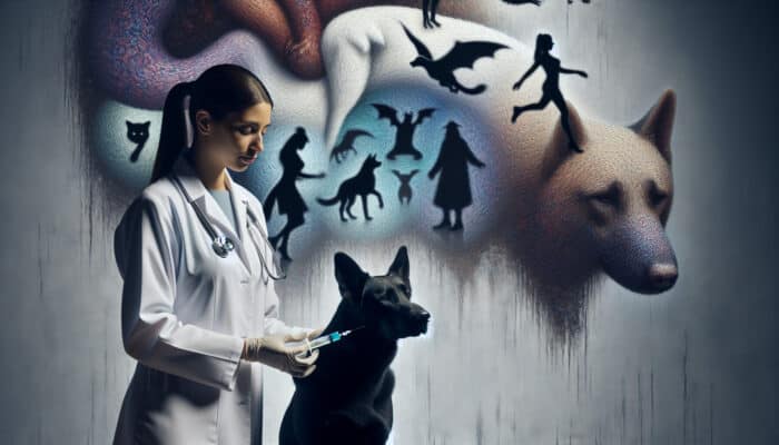 Rabies Shot Reactions in Pets: Veterinarian vaccinating a dog against rabies, with shadowy figures of bats, raccoons, and foxes in the background.