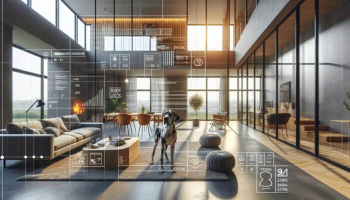 Great Dane Space Requirements: A spacious modern living room designed for a Great Dane, with large windows and comfortable furniture.