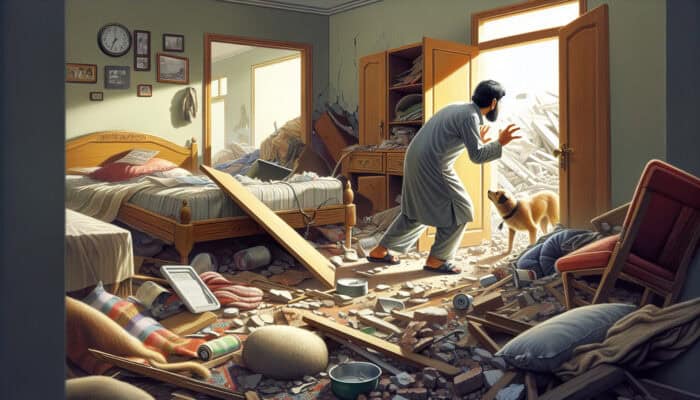 Earthquake Aftermath Checks for Pets: Person searching for pet in home post-earthquake, checking under beds and in closets amidst debris.