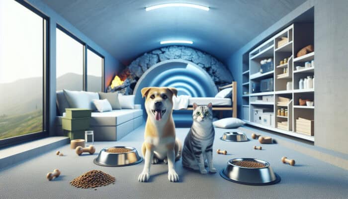 A dog and cat in a safe shelter with bowls of fresh water and food.