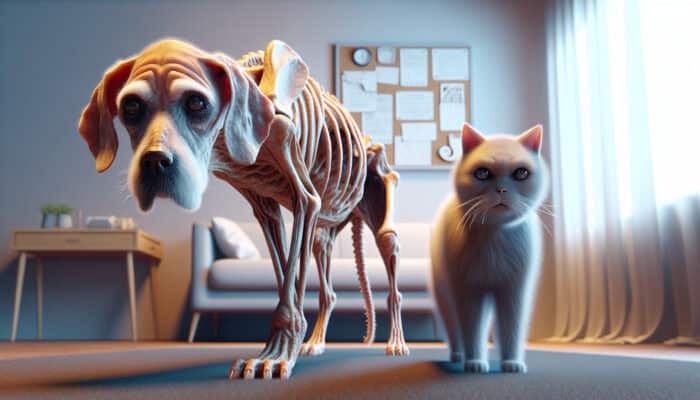 Comfort Items for Aging Animals: An elderly dog and cat showing signs of aging, in a cozy room.