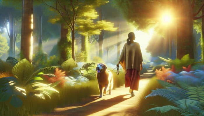 Self-care Routines With Animals: A person and dog joyfully walking through a sunlit forest, showcasing their therapeutic bond.