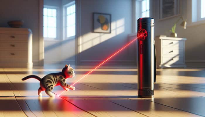 Laser Pointer Safety For Cats: A sleek laser pointer with a red beam engaging a cat in a playful chase, with safety guidelines.