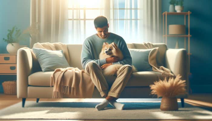 Pets Reducing Owner Stress: A person cuddling a fluffy dog on a couch, showcasing stress relief through oxytocin.