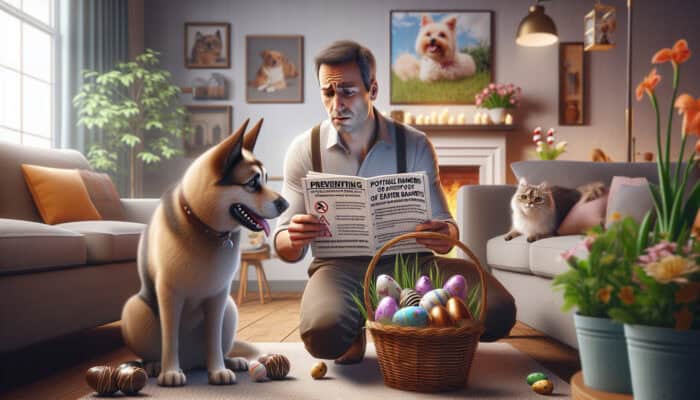 Easter Basket Hazards for Pets: A pet owner reads a vet's guide on Easter dangers as a dog and cat eye a hazardous basket.