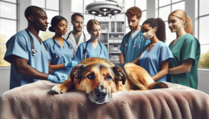 Spaying Timing for Young Pets: A female dog resting after spay surgery in a vet clinic, surrounded by caring staff.