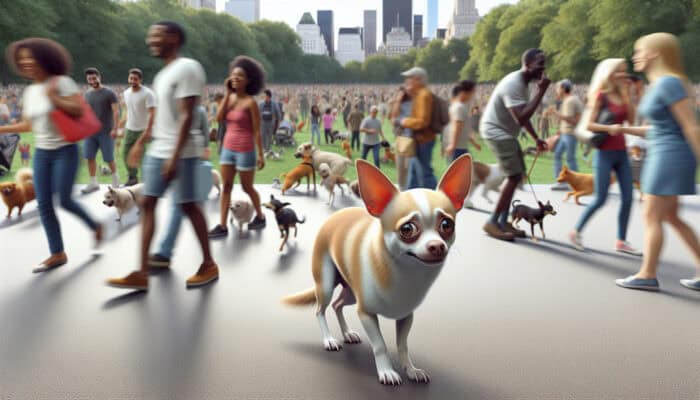 Chihuahua Social Anxiety Help: A small Chihuahua trembling in a crowded park, showing signs of anxiety due to insufficient socialization and genetic factors.