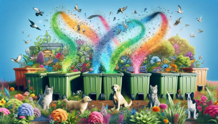 Compostable Waste Solutions for Pets: A garden with composting bins turning pet waste into soil, surrounded by plants and pets.