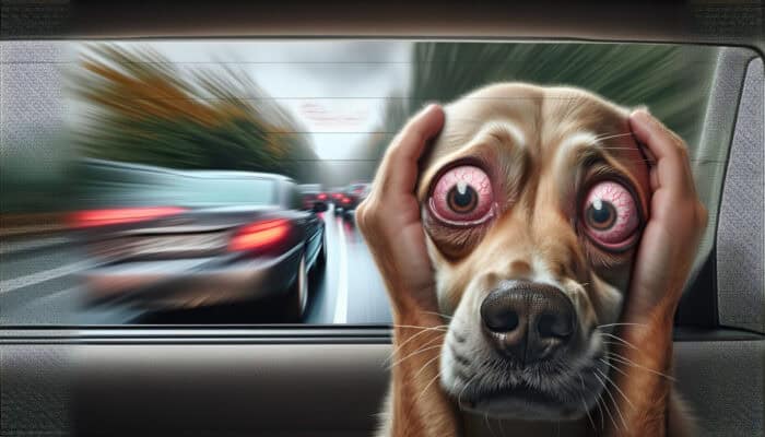 Motion Sickness Remedies for Dogs: A distressed dog in a moving car, showing signs of motion sickness due to inner ear imbalance and anxiety.