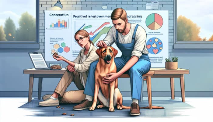 Bonding Quickly With New Pets: A concerned owner using treats and praise to train a fearful dog, improving their bond in a calm environment.