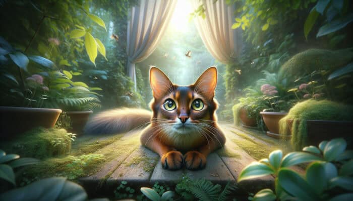 Somali Cat Hunting Instincts: Somali cat poised to pounce in a garden, alert to fluttering curtains, rustling leaves, and chirping birds.