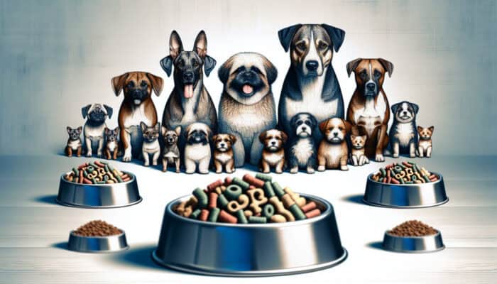 Balanced Meals for Mixed Breed Pets: Mixed breed dogs of various sizes with bowls showing their specific caloric and nutritional needs.