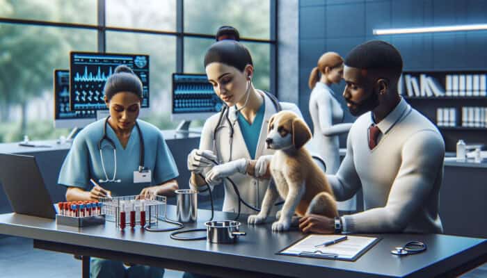 Rescue Pet Health Screenings: A veterinarian performing a detailed health check on a rescue dog in a clinic.