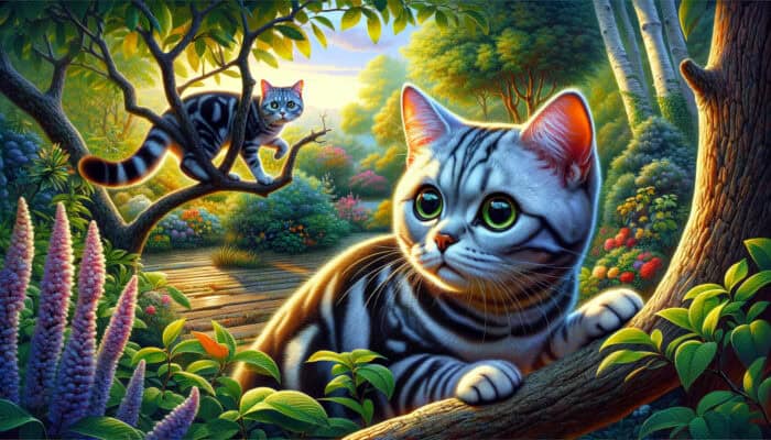 American Shorthair Outdoor Safety: An American Shorthair cat cautiously explores a garden while another confidently leaps onto a tree branch.