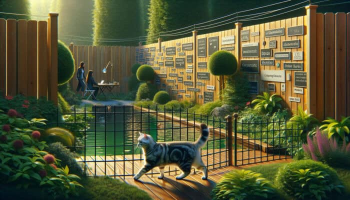 American Shorthair cat exploring a safe, fenced backyard with natural barriers, supervised by owner.