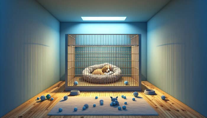 First Night Tips For New Puppies: A cozy puppy haven with a soft bed in a crate, surrounded by calming blue walls and gentle lighting, with toys and water nearby.