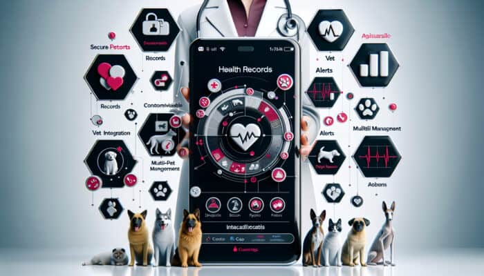 Health Apps for Pet Records: A smartphone displaying a health app with pet records, vet integration, and multi-pet management, with a vet and pets in the background.