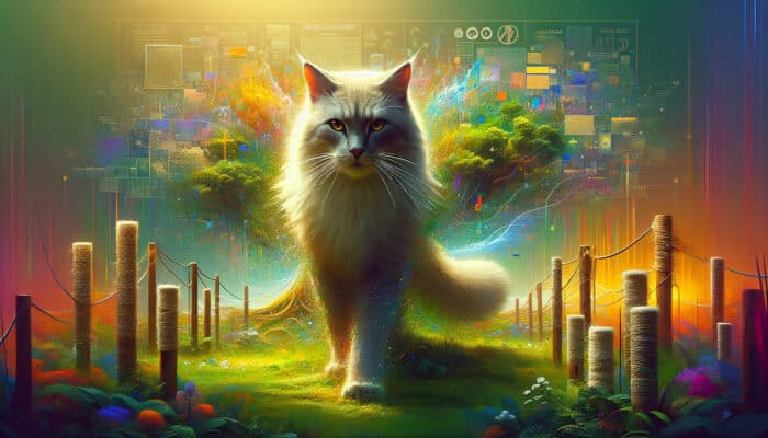 Cats Are Independent Loners: A majestic cat confidently standing in its lush, well-defined territory, surrounded by scent markings and scratch posts.