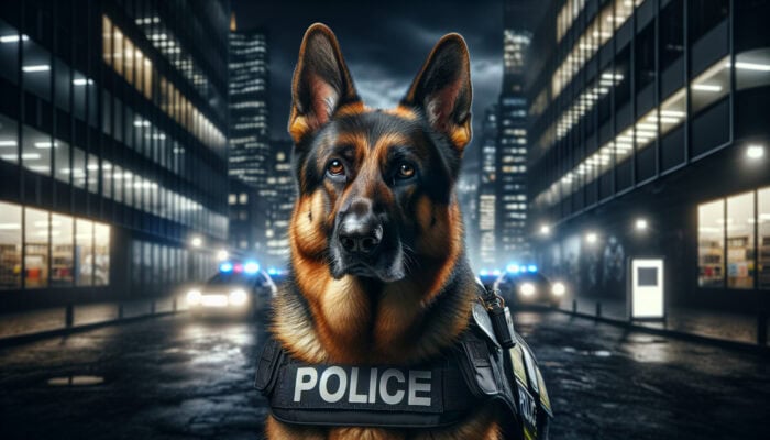 German Shepherd Protection Duties: A vigilant German Shepherd in a police uniform, standing guard in an urban setting at night.