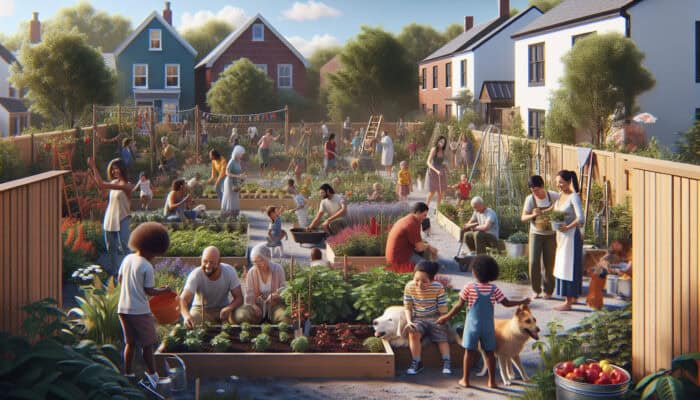Community Garden With Pets: A vibrant community garden with families, children, and pets, fostering community bonds and environmental stewardship.