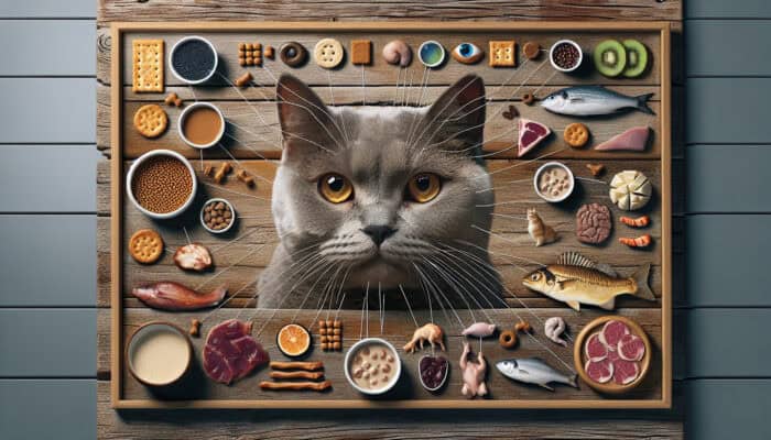 Homemade Treats for Picky Cats: A cat with a discerning look surrounded by savory treats like fish, chicken, and liver on a rustic wooden table.