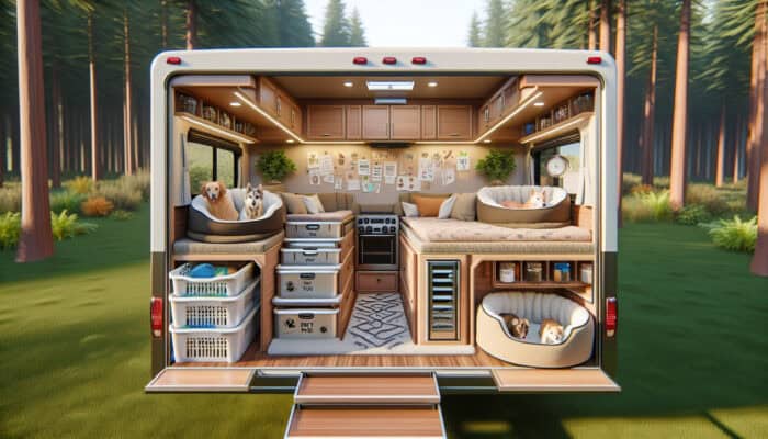 RV Living With Cats And Dogs: A cozy RV interior designed for pets with space to play, sleep, and store supplies, in a serene camping scene.