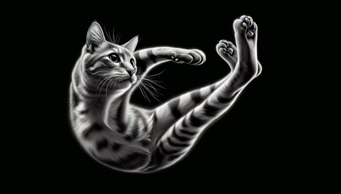 Cats Always Land on Feet: A cat mid-air, twisting its body to land on its feet, demonstrating the righting reflex.