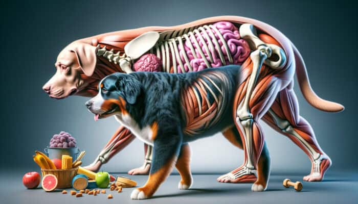 Bernese Mountain Dog Joint Support: Bernese Mountain Dog with hip and elbow dysplasia, struggling due to joint pain and obesity.