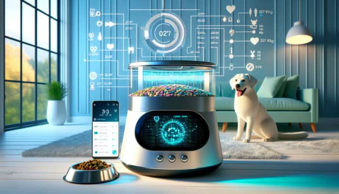 App-Controlled Feeders for Pets: Sleek pet feeder with smartphone app showing feeding schedules, in a cozy, tech-savvy home with a happy pet.