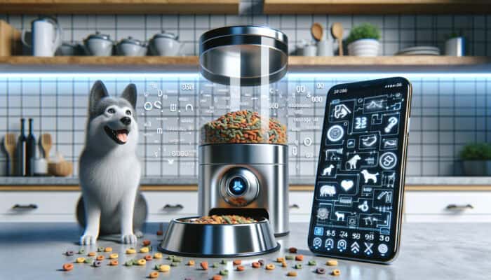 Sleek app-controlled pet feeder on counter, smartphone app, dog and cat waiting eagerly.