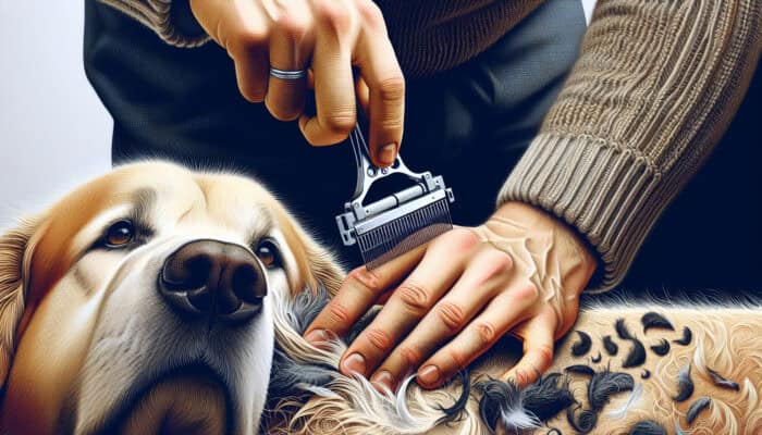 A hand using a dematting tool to carefully separate matted dog fur, ensuring no discomfort.