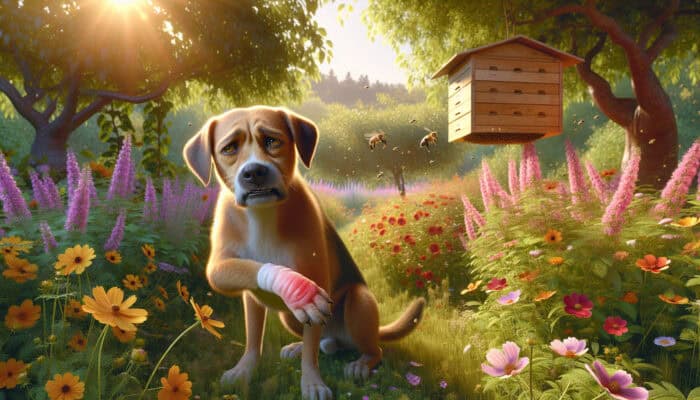 Bee Sting Remedies for Pets: A curious dog in a sunlit garden with vibrant wildflowers and a distant beehive, wincing in pain from a bee sting on its swollen paw.