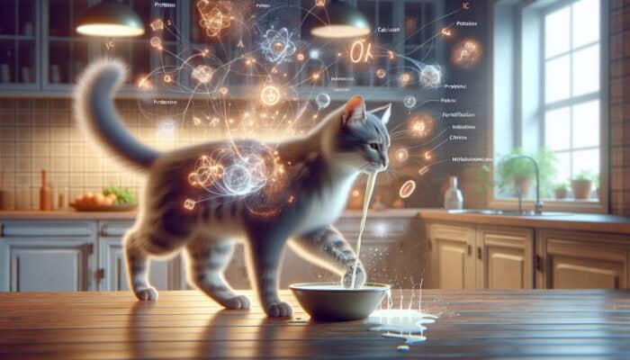 Milk Is Good for Adult Cats: A healthy adult cat with sleek fur laps milk from a bowl, surrounded by glowing protein, calcium symbols, and floating vitamin particles in a cozy kitchen.
