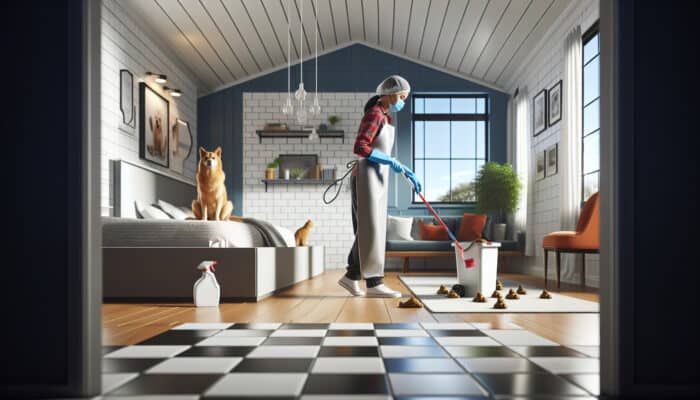 Post-Sitting Cleanup Routines for Pets: A pet owner in a bright home kneels to scoop dog waste and clean surfaces, while a cat watches from a clean bed.
