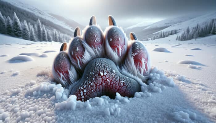 Snow Paw Protection Tips for Dogs: Close-up of a dog's paw pads in deep snow, showing cracked skin, redness, and ice crystals between toes in a frosty landscape.