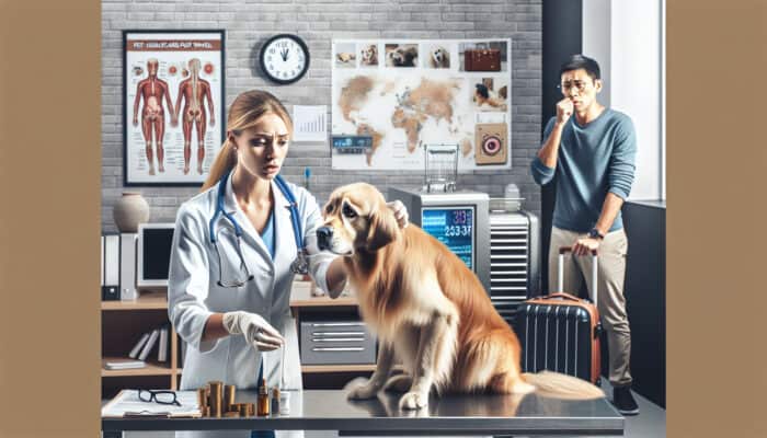 Post-Travel Health Checks for Pets: Veterinarian gently examining a weary dog in a modern clinic, with attentive owner watching and a suitcase in the background, emphasizing post-travel health checks.