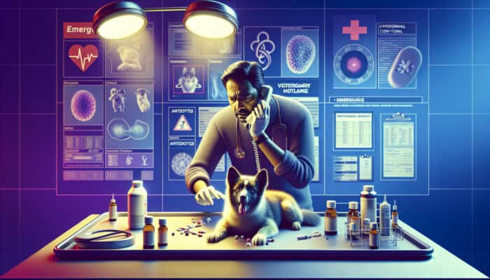 Poison Control Hotline Use for Pets: Concerned pet owner cradles distressed dog on vet table, urgently calling Poison Control Hotline with antidote bottles nearby.