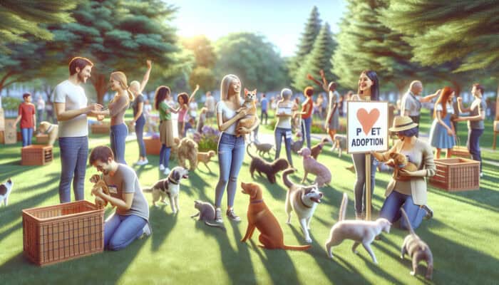 Adoption Events Participation for Pets: Lively pet adoption event in a sunny park: volunteers interact with playful dogs and cats, holding signs to promote adoption.